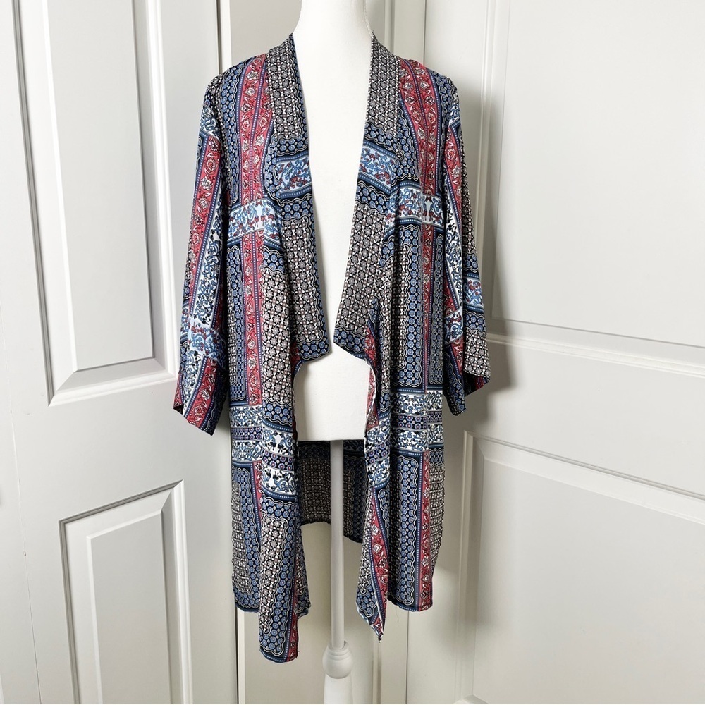Tahari Kimono Duster Wrap – Red & Blue Floral Boho Cape S/M Open Front Coverup